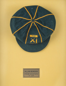ALLAN BORDER'S AUSTRALIAN "PRIME MINISTER'S XI" CRICKET CAP, green wool, embroidered "Prime Minister's XI" logo on front, Albion label inside signed "Allan Border". Superb condition. [Allan Border played in the Prime Minister's XI ten times from 1985-96, 