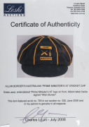 ALLAN BORDER'S AUSTRALIAN "PRIME MINISTER'S XI" CRICKET CAP, green wool, embroidered "Prime Minister's XI" logo on front, Albion label inside signed "Allan Border". Superb condition. [Allan Border played in the Prime Minister's XI ten times from 1985-96, - 3