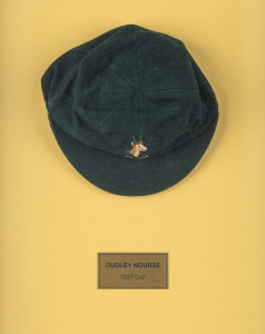 DUDLEY NOURSE’S SOUTH AFRICA 1935 TEST TEAM CAP, green wool, embroidered springbok & 'S.A.1935' on front, made by Devereux of Eton, and named to NOURSE in pen on the label. Good match-worn condition. Attractively framed.