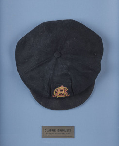 CLARENCE VICTOR "CLARRIE" GRIMMETT'S SOUTH AUSTRALIAN CRICKET CAP, 1924, with the SACA emblem embroidered to front. Fine condition and attractively framed.