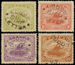 1911-15 Monocolour ½d green, 1d rose-pink, 2d bright mauve & 6d orange-brown, all showing fine strikes of the attractive "LOOSE SHIP LETTER" oval h/s of THURSDAY ISLAND, usually the first port of call for mail boats departing from Papua. Scarce group.