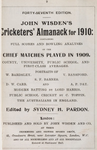 WISDEN'S ALMANACK for 1910: rebound from title page to p.516 and incorporating the photographic plate "FIVE CRICKETERS OF THE YEAR" (which included Warren Bardsley and Vern Ransford of Australia); half red calf over cloth-covered boards, blank end-papers,