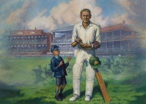Graeme PAYNE [born 1956, lives and works in Grafton, N.S.W.] Sir Donald Bradman - Inspiration to a Nation" original acrylic on canvas, signed "Payne" lower right 104 x 143cm (framed: 125 x 166cm).