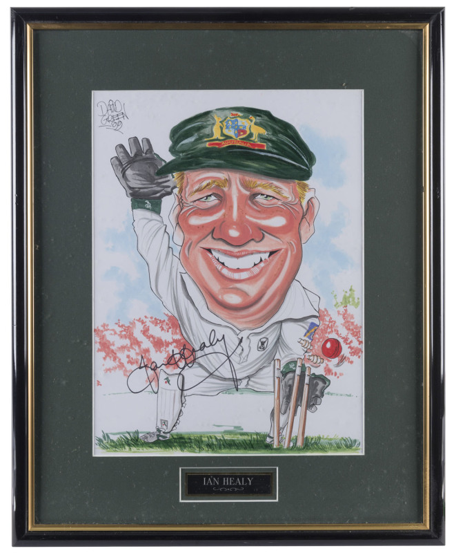 IAN HEALY and ADAM GILCHRIST autographed original caricatures by David Green; individually attractively framed & glazed. Healy overall 57 x 47cm; Gilchrist overall 51 x 40cm. (2).