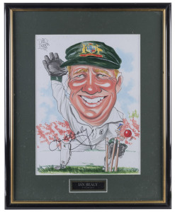 IAN HEALY and ADAM GILCHRIST autographed original caricatures by David Green; individually attractively framed & glazed. Healy overall 57 x 47cm; Gilchrist overall 51 x 40cm. (2).