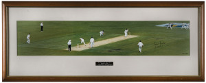 MARK TAYLOR, "Ton of Tests" panoramic photograph of Taylor at the wicket during his 100th appearance in a Test Match (Brisbane, November 1998). From a limited edition (587/1500) signed by Taylor. Framed & glazed, overall 46 x 115cm.