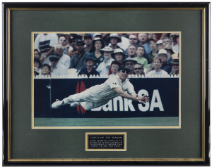 GLENN McGRATH: Two original photographic displays, individually framed and glazed; the first depicts McGrath in full flight taking the "catch of the season" in the 2nd Test against England at Adelaide 2002-03; the second, shows McGrath's 500th Test Wicket