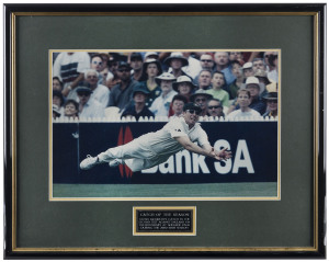 GLENN McGRATH: Two original photographic displays, individually framed and glazed; the first depicts McGrath in full flight taking the "catch of the season" in the 2nd Test against England at Adelaide 2002-03; the second, shows McGrath's 500th Test Wicket taken at Lords in July 2005 the image signed by McGrath and Justin Langer, who took the catch. (2 items) 51 x 63cm and 82 x 43.5cm.