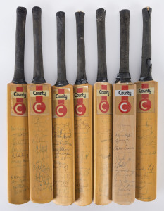 WORLD CUP SQUADS: Signed mini-bats circa late 1980s - early 1990s including Australia (Allan Border, Captain), England (Mike Gatting, Captain), Pakistan (Javed Miandad), New Zealand (Jeff Crowe), West Indies (Richie Richardson), India and Sri Lanka. (7 ba