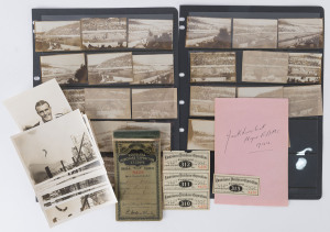 1904 St.Louis Olympics/Louisiana Exposition ticket folder with 4 tickets (issued to Adam O'Kane, photographed in his Jefferson Guard uniform); collection of 26 small original photos of the 1906 Games, mostly of the opening ceremony; collection of 13 original photos of Pete DESJARDINS, mainly action shots from the 1928 Olympics where he won gold in the 3m springboard and 10m platform; autograph of Jack Lovelock (NZ)