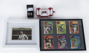 Range incl. 2 pairs of cufflinks, signed pic of Doug Walters, 6 Weet-bix cards in frame (Brett Lee signed), 1999 World Cup Champions medal, 2006-07 Cricket Ball Collection (Daily Telegraph), 2006-07 Ashes Urn with ceramic balls in presentation box, framed pic of Lords, 2011 ICC World Cup replica trophy in presentation box, folder containing cricket-related stamps, etc.