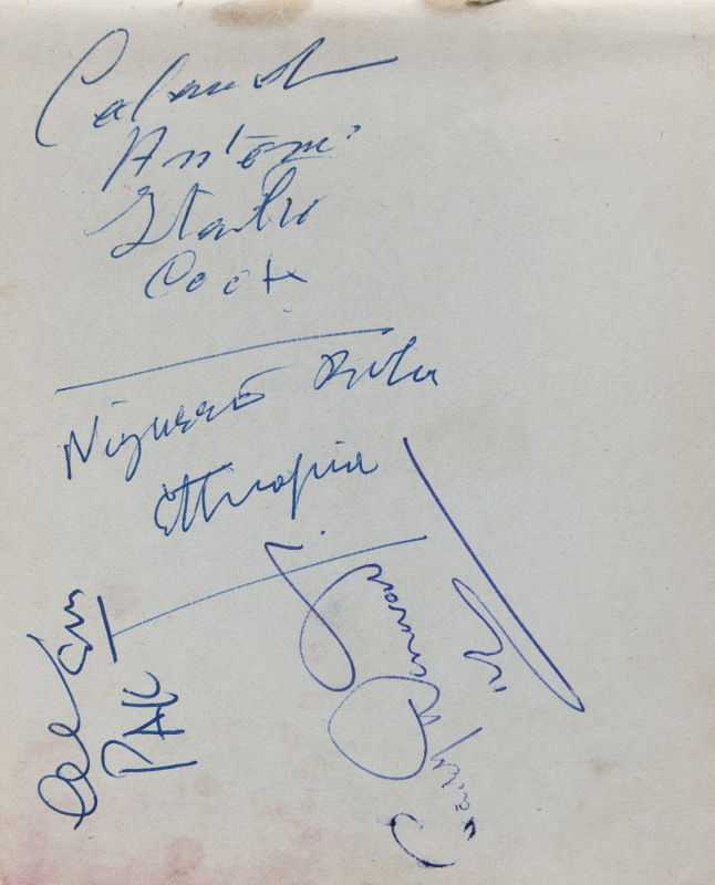 1956 Melbourne, XVI Summer Olympics: Autographs on pages; noted Faith Leech (Aust.), Steve Johnson (GB Hockey), Jose Giorgetti (Argentina, Boxing), Anita Hellstrom (Sweden, Swimming), Regine Veronnet (France, Frencing), John Goodman (Aust.), Charlie Morri