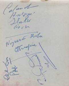 1956 Melbourne, XVI Summer Olympics: Autographs on pages; noted Faith Leech (Aust.), Steve Johnson (GB Hockey), Jose Giorgetti (Argentina, Boxing), Anita Hellstrom (Sweden, Swimming), Regine Veronnet (France, Frencing), John Goodman (Aust.), Charlie Morris (Aust.), Margaret Northrop (Kenya, Swimming), Eamonn Kinsella (Ireland, Hurdles), Ranganathan Francis (India, Hockey), Reginal Johansson (N.Z., Hockey), Paula Deubel (USA, Shot put), Roba Negousse (Ethiopia, Athletics), and many more.