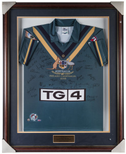 INAUGURAL AUSTRALIAN WOMEN'S INTERNATIONAL RULES TOUR official player's jersey "AUSTRALIA v IRELAND 2006" signed in full by the complete Australian Touring Party who played in two matches in Ireland. Attractively framed & glazed; overall 111 x 90cm.