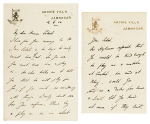 TWO LETTERS FROM JAMNAGAR PALACE, 1910 Two autograph letters, written and signed by Harry Lester Simms while at Jamnagar Palace, a guest of Ranjitsinhji. The letters are addressed to "Kumar Saheb" [Kumar Shri Godji Khengarji Saheb "Manhubha", second son o