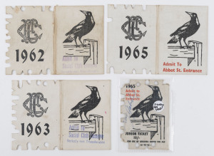 Collingwood: 1962, 1963 and 1965 Member's Season Tickets, each with Fixture List & hole punched for each game attended. Also, a 1965 School Ticket signed by Ray Gabelich. (4 items).Gabelich was captain of Collingwood for part of 1965.