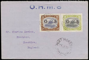 1934 (June 21) ½d myrtle & apple-green + 1½d blue & brown, (SG.O55 & O57) on an "O.H.M.S." cover to England. The 1½d with "Broken diagonal leaf at L. Very fine.