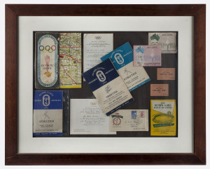 1956 MELBOURNE: framed and glazed display of memorabilia belonging to DORIS CARTER, General Manager of the Australian Women's Team at the Melbourne Olympics, including her personal invitation from the Organizing Committee to "The Solemn Opening of the Con
