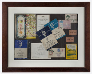 1956 MELBOURNE: framed and glazed display of memorabilia belonging to DORIS CARTER, General Manager of the Australian Women's Team at the Melbourne Olympics, including her personal invitation from the Organizing Committee to "The Solemn Opening of the Congress of the International Olympic Committee (Melbourne Town Hall, 19th November), and her parking authority notice for the same function; also featured are two Main Stadium Athletic programmes, Shooting programme, and more.