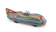 Another example, in similar condition except missing the red headlights. "HURRICANE 58" TIN-PLATE FRICTION RACE CAR BY M.T./MASUDAYA, CIRCA 1960S. LENGTH: 33CM (13").