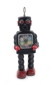 KO Yoshiya Gear Robot tinplate wind-up toy with built in key; Japan circa 1960s. Height: 26cm (10.5").