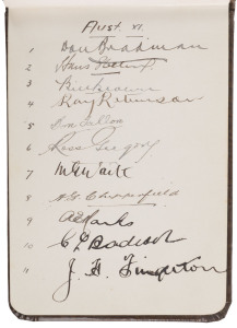 A delightful autograph album with nearly 120 signatures gathered from teams playing in Sydney, mainly during the 1930s. Includes the Australian team v South Africa (Sydney, 2nd Test Dec.1931) which Australia won by an innings and 155 runs (Rigg 127, Bradman 112, Grimmett 8-72); a page with most of the 1931 South African team; a Queensland team (including Benshed, Thurlow, Mossop and Cook); a New South Wales team (including Kippax, Fingleton, Brown, O'Reilly, McCabe & Oldfield); etc.