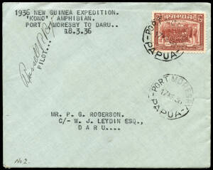 17 Mar.1936 (AAMC.P97) Port Moresby - Daru cover, flown and signed by Russell Rogers, pilot for the Second Archbold Expedition, in "Kono" a Fairchild NR777 amphibian. The purpose of the expedition was to explore and collect specimens in the area of the Fl