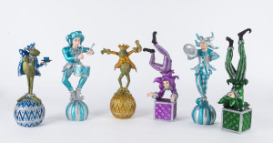 Set of six jester art figures with hand-painted finish, the tallest 28cm high