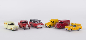 DINKY TOYS Bedford Van, Trojan advertising van "Brooke Bond Tea", Austin "Johnnie Walker Whisky" van, Citroen 2CV, Mini-Van "Patrol Service", and "Mersey Tunnel Police" Land Rover, very good to near mint condition, (6 items)