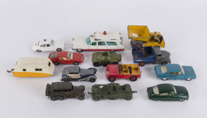 DINKY TOYS Superior Rescuer, Land Rover, Muir-Hill Dumper, Commer, Jaguar 3.5 Litre Police car, Saab 96, Alpine Renault A310, Chrysler 180, Caravan, Ferret Scout Car, twin axel army car, howitzer and roadster coupe, mixed condition, (13 items)