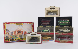 DINKY Studebaker Gold Hawk, three MATCHBOX Models Of Yesteryear, two Days Gone models, two TRUX boxed buses, plus MATCHBOX "The Circus Comes To Town" box set. (9 items)