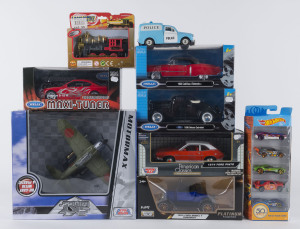 Three WELLY car models 1/24 scale, two MOTOR MAX car models 1/24 scale, MOTOR MAX Sky Wings plane, HOT WHEELS 5 pack of cars, Police van and a toy locomotive, (9 items)