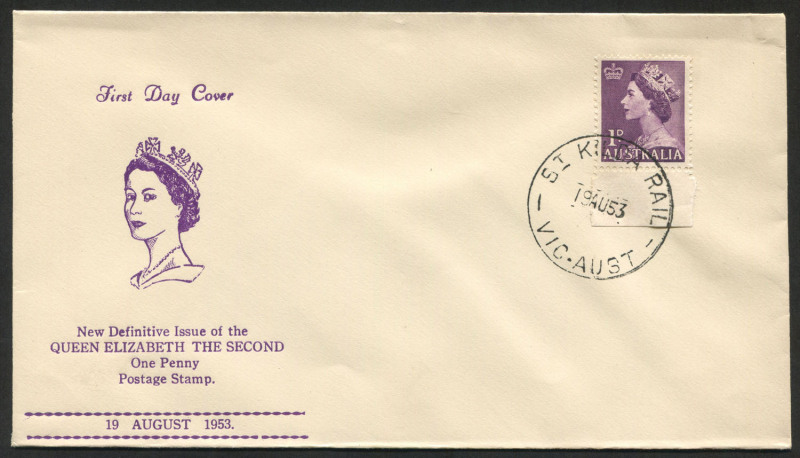 Australia: First Day & Commemorative Covers: 19 Aug.1953: 1d violet QE2 on unaddressed HASLEM FDC with ST.KILDA RAIL cds.