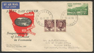 Australia: First Day & Commemorative Covers: 23 Sept. 1953: 3½d se-tenant pair + 2/- Tasmania Sesquicentenary set on neatly addressed ROYAL FDC from BRISBANE.