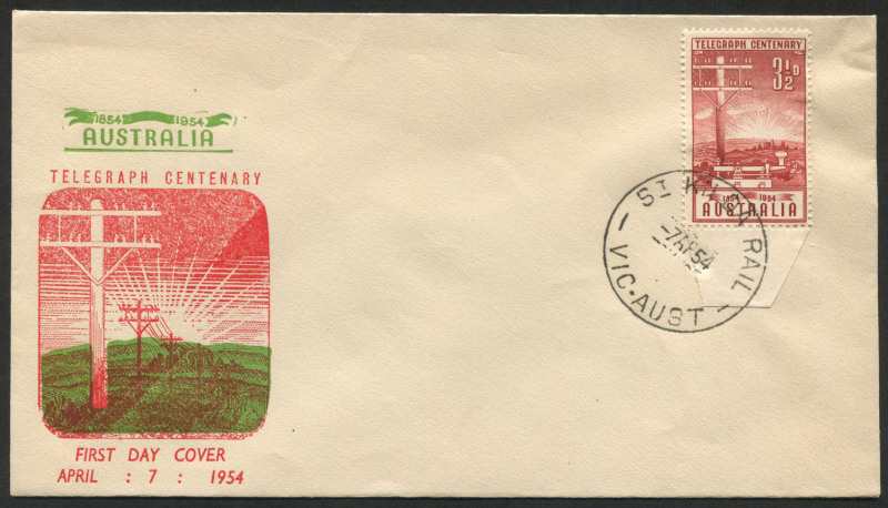 Australia: First Day & Commemorative Covers: 7 Apr. 1954: 3½d Telegraph Centenary on unaddressed Turley/Mappin FDC (scarce emerald shade!) from ST. KILDA RAIL.