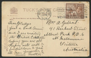 GREAT BRITAIN: Oct.1924 usage of 1&frac12;d BEE on PC to Australia; the adhesive tied by EMPIRE EXHIBITION roller cancel.