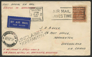 Australia: Aerophilately & Flight Covers: 13 Apr.1937 (AAMC.719) Cairns - Normanton cover, flown by North Queensland Airways on their inaugural service via Croydon.