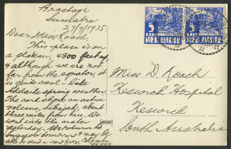 NETHERLANDS INDIES - Postal History: July 1935 RP postcard sent from BRASTAGI [in the Karo highlands of Northern Sumatra; now Berastagi] to South Australia.