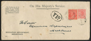 VICTORIA - Postal Stationery: OFFICIALS: Oct.1922 usage of QV 1d 'On His...." Envelope for the Education Dep't uprated 2d Red KGV Single wmk, FU from "OCEAN GROVE" with 2 strikes of the cds and apparently taxed 1d.
