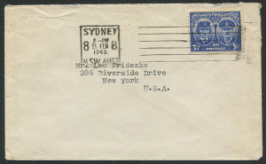 Australia: Other Pre-Decimals: AUSTRALIA: 1945 (SG.210) 3½d Duke of Gloucester, single franking on Feb.1945 surface rate cover from Sydney to New York.