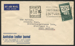Australia: Other Pre-Decimals: AUSTRALIA: 1955 (SG.280a) 2/- green Olympic Publicity stamp, FU on Jan.1956 commercial airmail cover from Sydney to Stuttgart. Cat.$40.