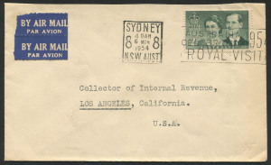 Australia: Other Pre-Decimals: AUSTRALIA: 1954 (SG.274) 2/- Royal Visit stamp, FU on March 1954 commercial airmail cover from Sydney to Los Angeles. With "ROYAL VISIT" roller cancel. Cat.$30+.