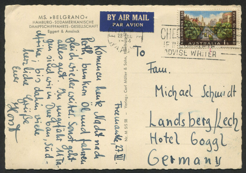 Australia: Other Pre-Decimals: AUSTRALIA: 1956 (SG.292) 1/- Olympics, Dec.1956 usage on postcard from FREMANTLE to GERMANY. Cat.$50.