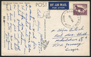 Australia: Other Pre-Decimals: AUSTRALIA: May 1964 usage of 1/2 Tasmanian Tiger (SG.321), FU single franking on postcard from KELLERBERRIN, W.A. to KARL-MARX-STADT [Chemnitz], EAST GERMANY. Cat.$60.