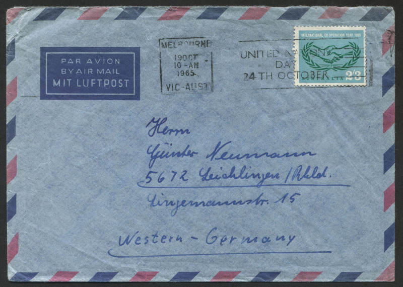 Australia: Other Pre-Decimals: AUSTRALIA: Oct.1965 usage of 2/3 I.C.Y. (SG.380) single franking on airmail cover from Melbourne to GERMANY. Cat.$65 and hard to find.