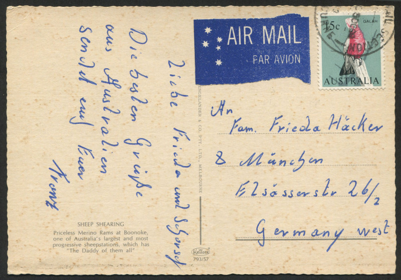 Australia: Decimal Issues: AUSTRALIA: Oct.1966 usage of 15c Galah (SG.393), single franking on postcard from Melbourne to GERMANY. Scarce.