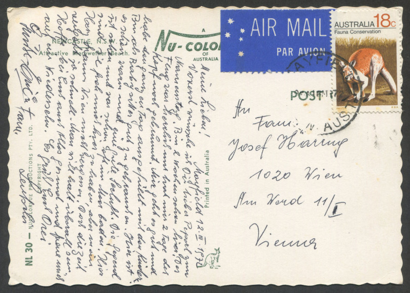 Australia: Decimal Issues: AUSTRALIA: Mar.1972 usage of 18c Kangaroo (SG.492) on airmail postcard from Mayfield NSW to AUSTRIA.