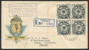 ANTARCTICA: FDC: 23 Jan.1955 HEARD ISLAND cds's tying 3½d Antarctic Research blk.(4) on registered "Hermes" type cover to England.