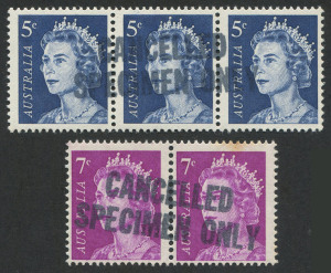 Australia: Decimal Issues: AUSTRALIA: 1967-71 QE2 handstamped "CANCELLED" and "SPECIMEN ONLY" for use in the Post Office Training School: 5c Blue strip of 3; 7c Purple pair. MUH. (5 stamps).