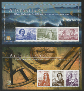 Australia: Decimal Issues: AUSTRALIA: 1999 (SG.MS1852) Explorer Miniature sheets, the pair perforated "A99" at the "Australia 99" Exhibition. Only 1500 pairs produced. (2). MUH.